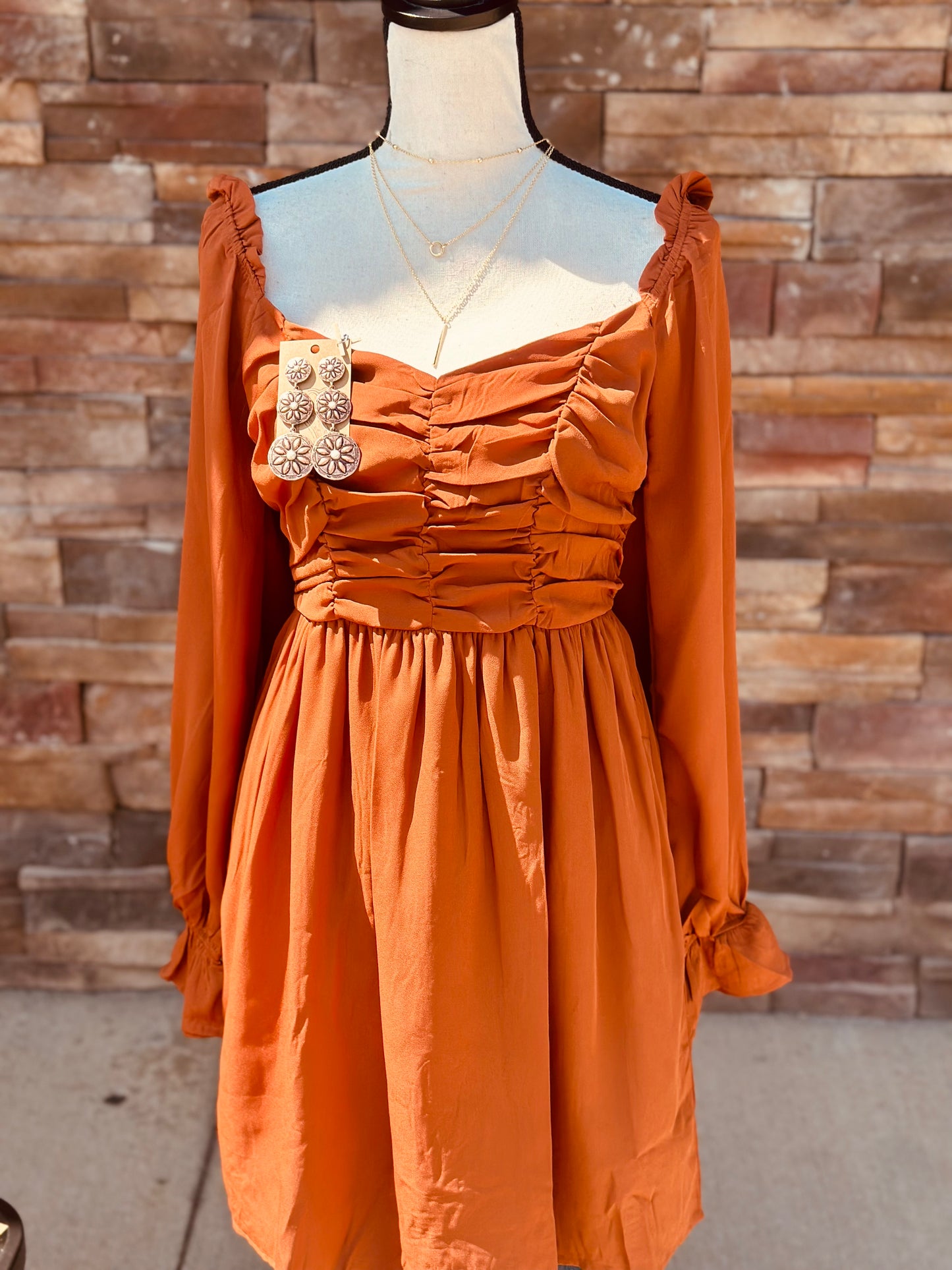 Solid Ruched Dress Rust