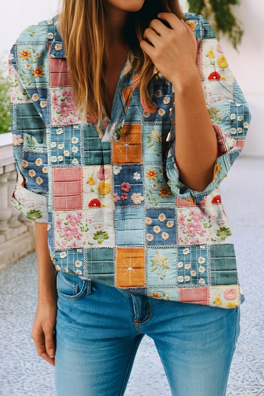 Floral Collared V Neck Roll up Sleeve Shift Blouse