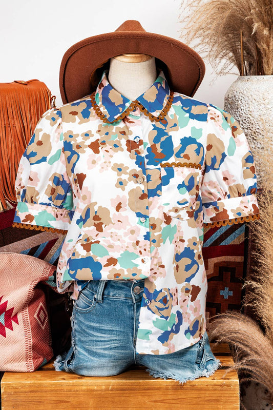 Fashion-W Floral Ricrac Trim Collar Puff Short Sleeve Shirt