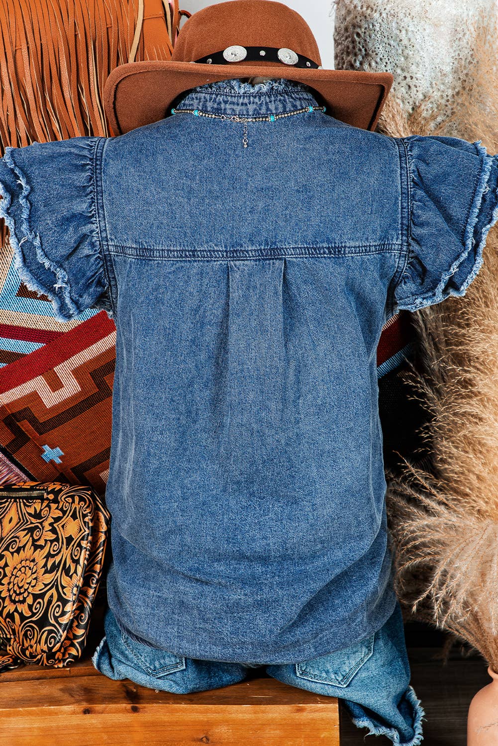 Fashion-W Western Button Ruffles Flutter Frayed Denim Top