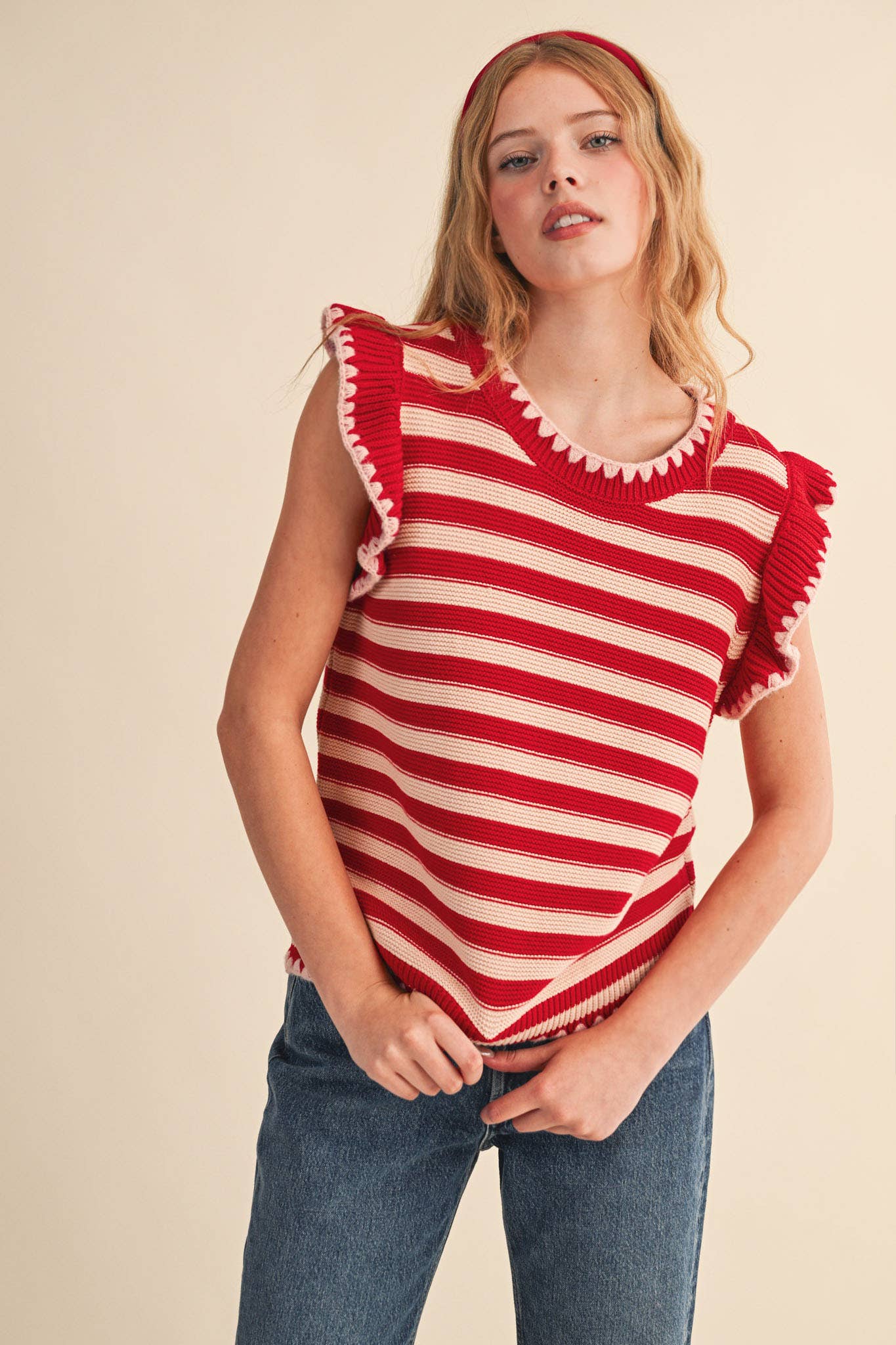 STRIPED FLUTTER SLEEVE SWEATER TOP