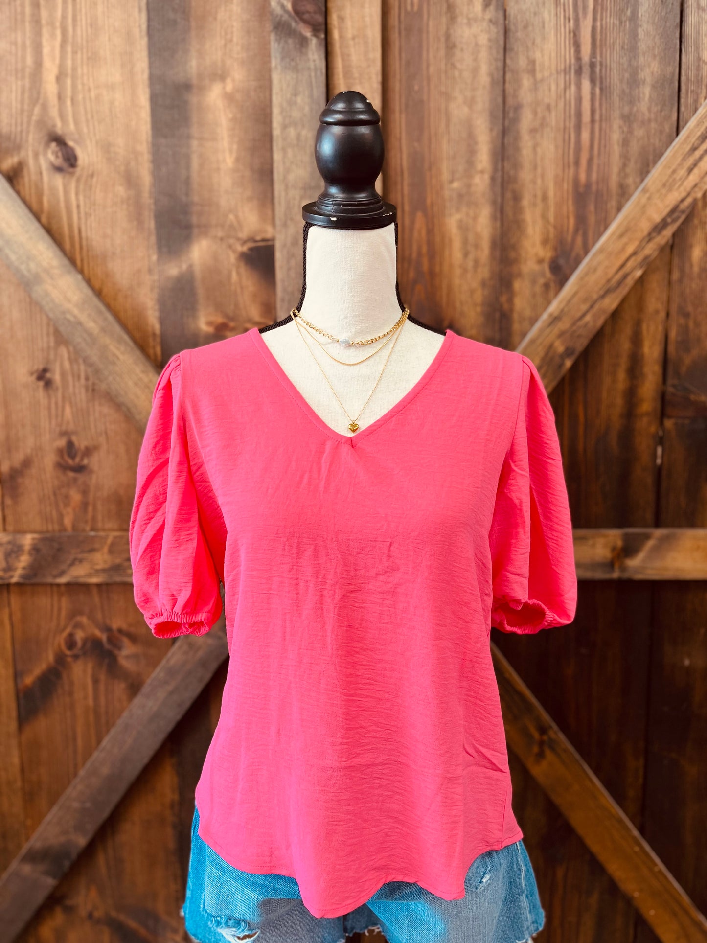 Woven V-Neck Puff Sleeve Top