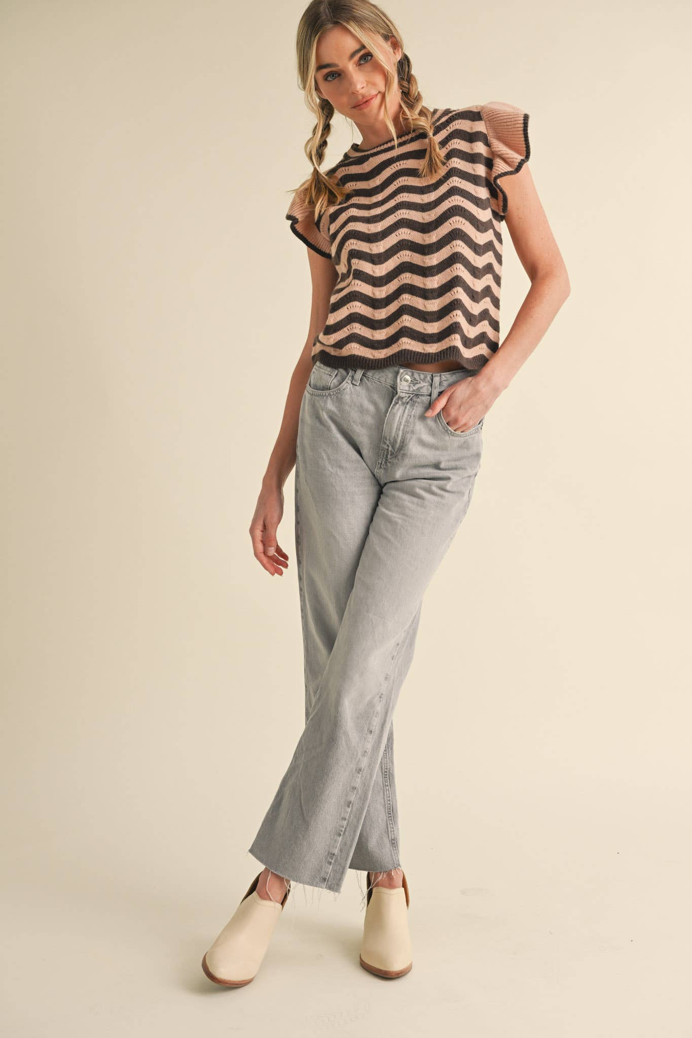 WAVY STRIPES FLUTTER SLEEVE SWEATER TOP MSW10509