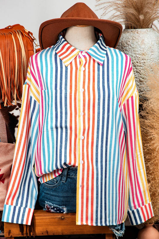 Fashion-W Stripe Multicolor Drop Shoulder Loose Shirt