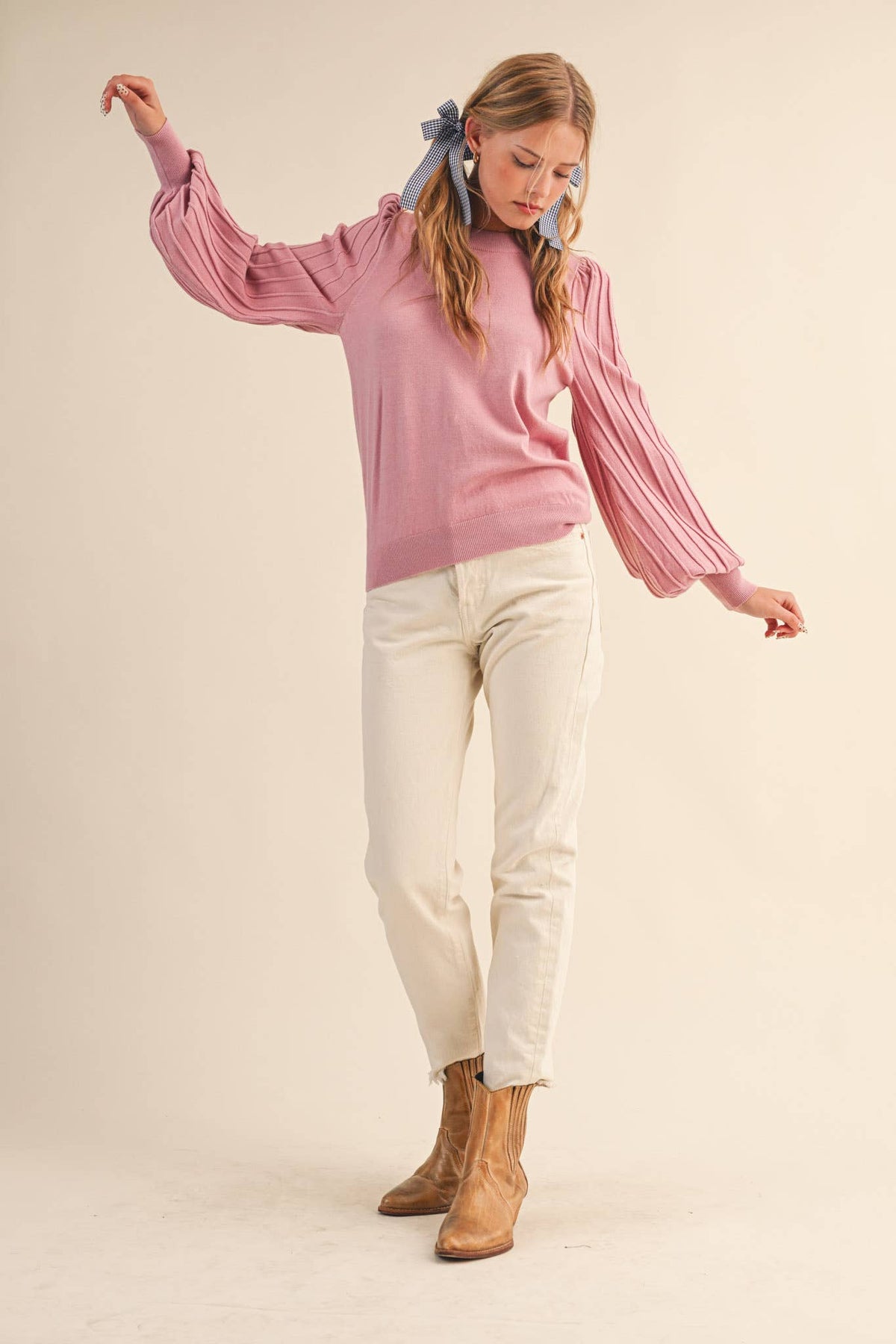 STRIPE TEXTURE PUFF SLEEVE SWEATER MSW9485