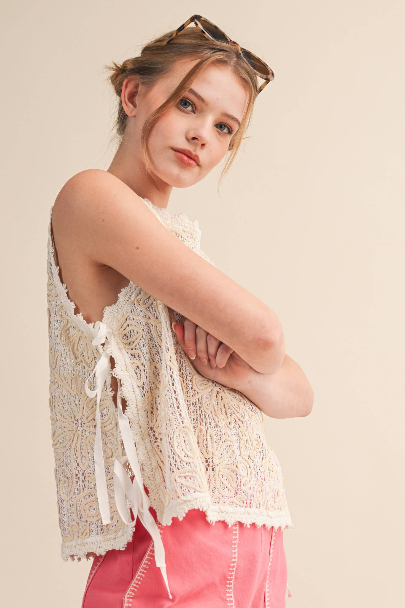 FLORAL CROCHET TANK WITH SIDE TYING DETAIL MTP4770