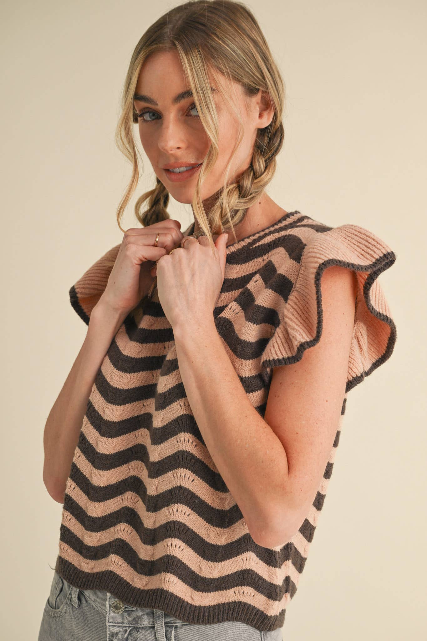 WAVY STRIPES FLUTTER SLEEVE SWEATER TOP MSW10509