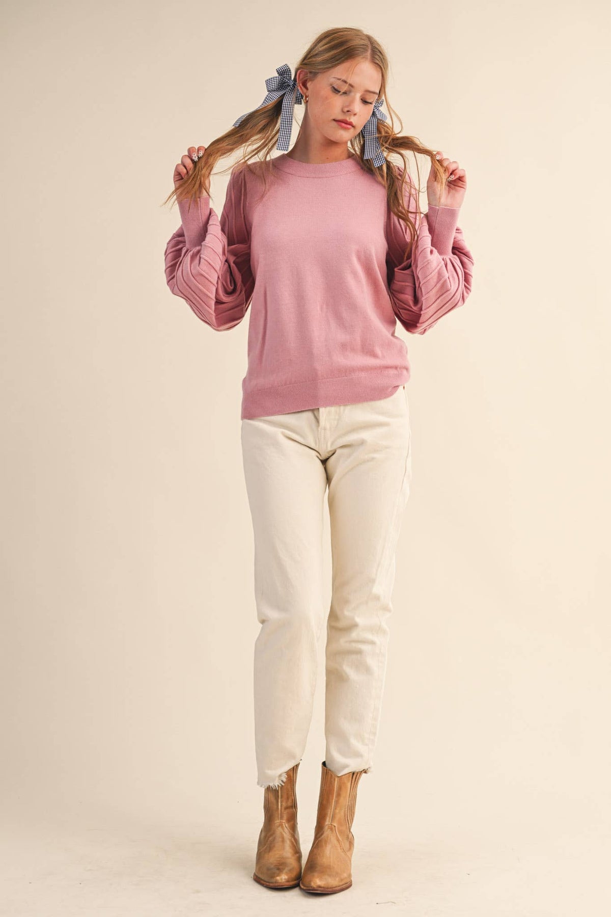 STRIPE TEXTURE PUFF SLEEVE SWEATER MSW9485