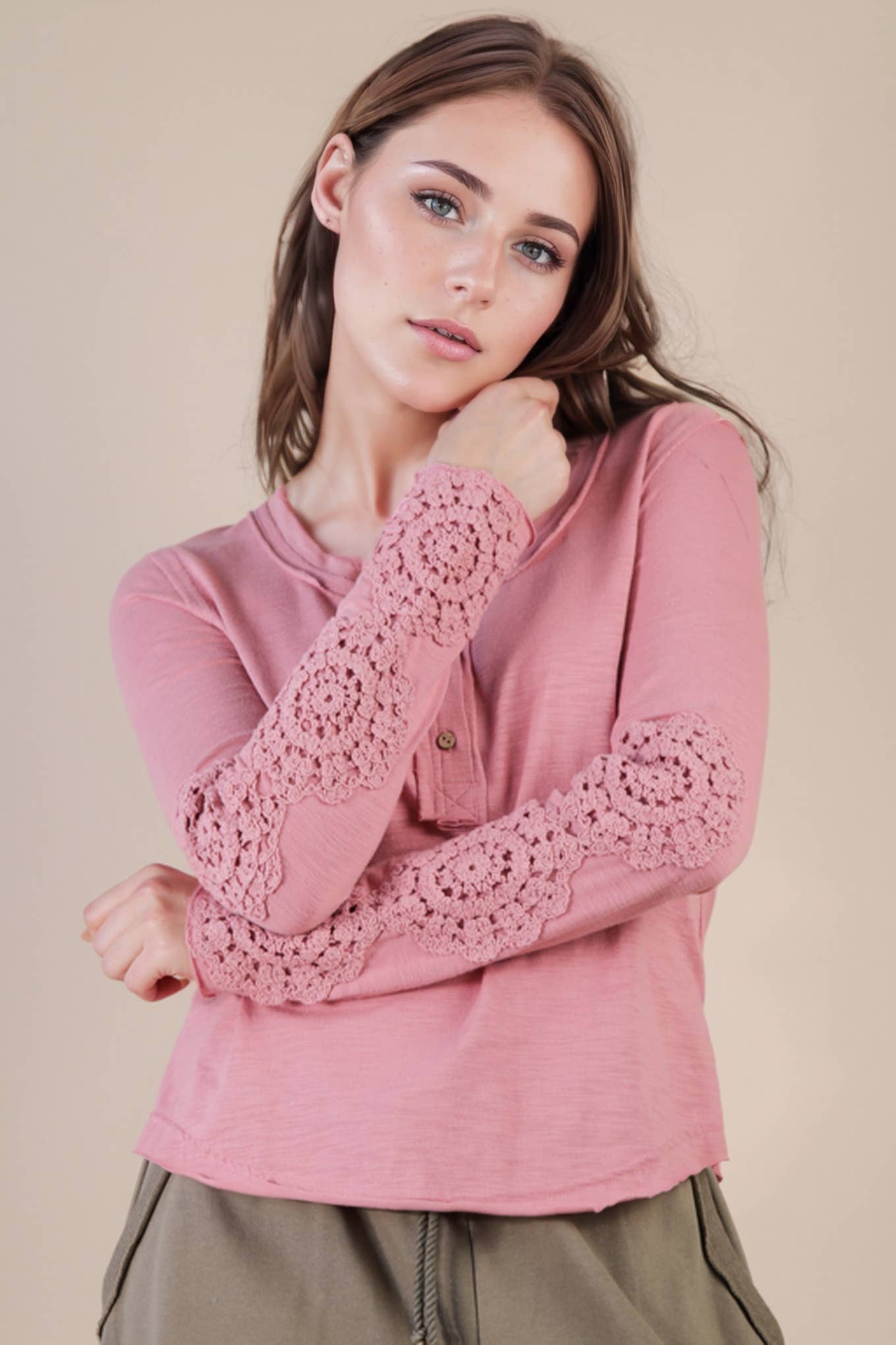 Sleeve Lace Trim Solid Knit Top