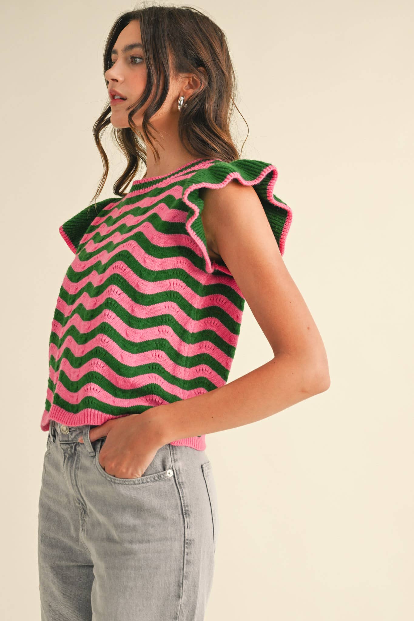 WAVY STRIPES FLUTTER SLEEVE SWEATER TOP MSW10509