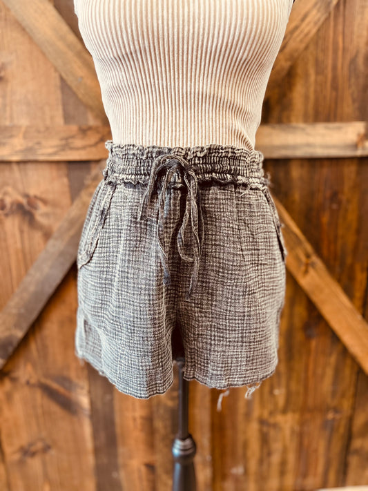 Washed Frayed Hem Drawstring Shorts