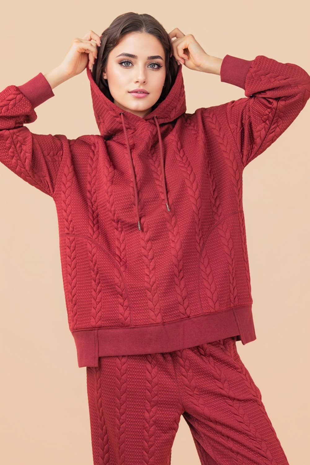 Oversized Cable Knit Textured Knit Hoodie Top