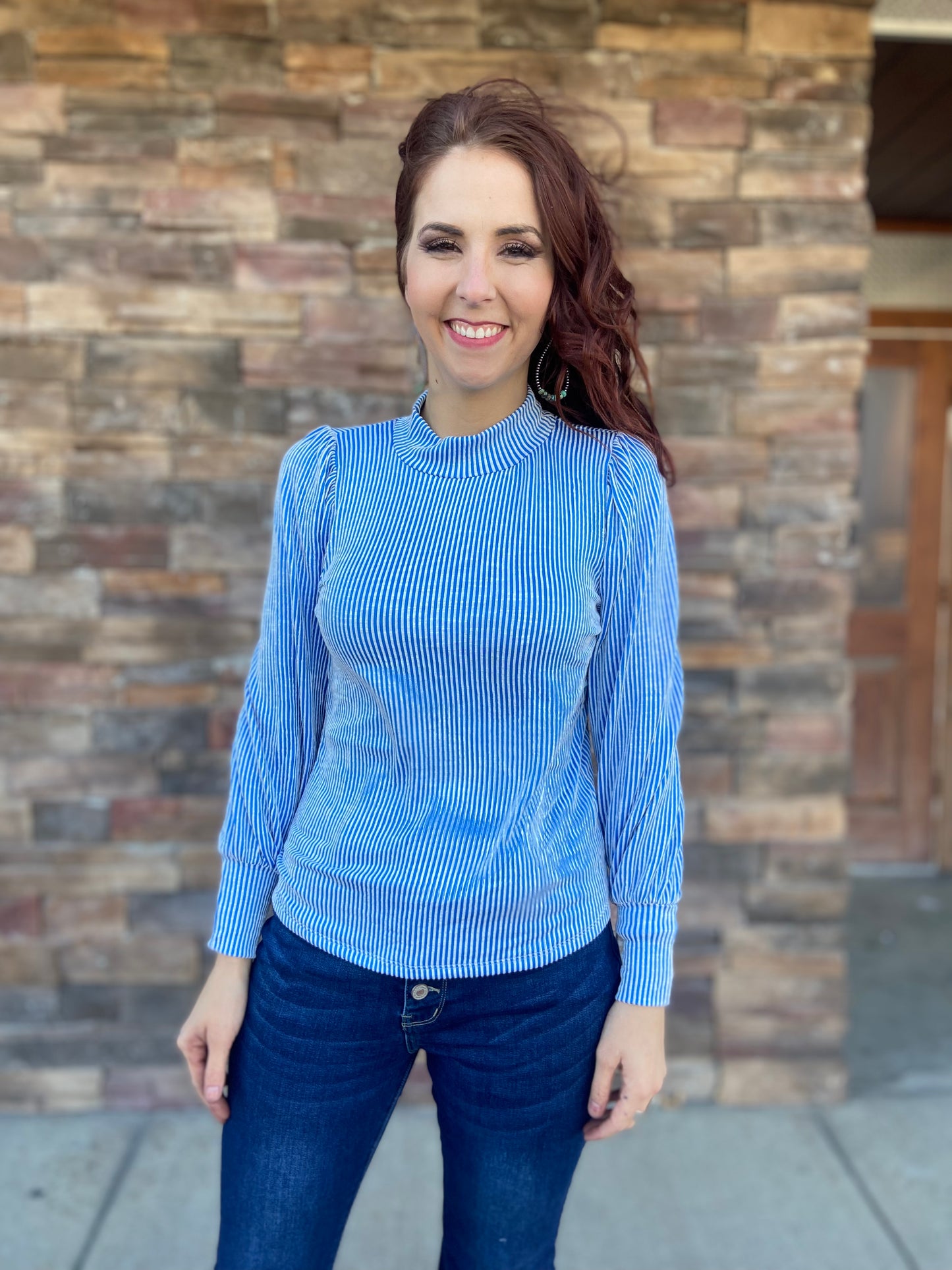 Ribbed Mock Neck Puff Long Sleeve Top