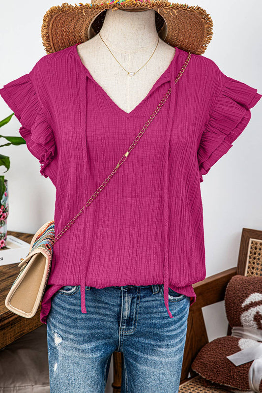 Fashion-W Textured Ruffled Sleeve V Neck Top