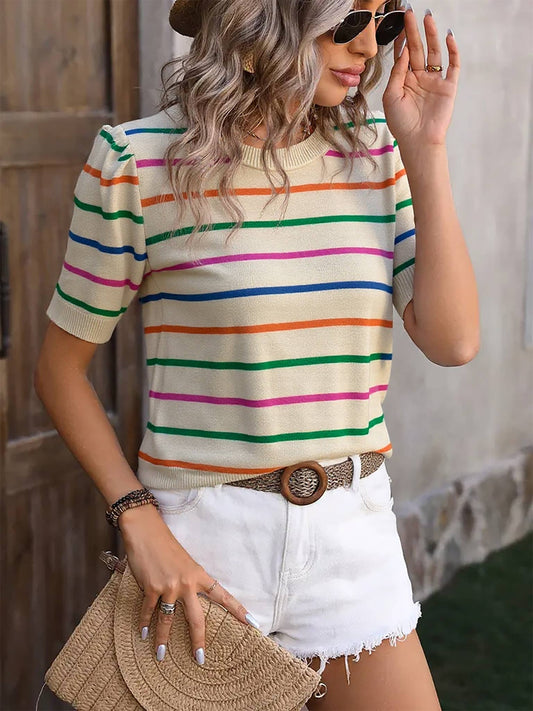 Rainbow Colorblock Bubble Sleeve Round Neck Sweater