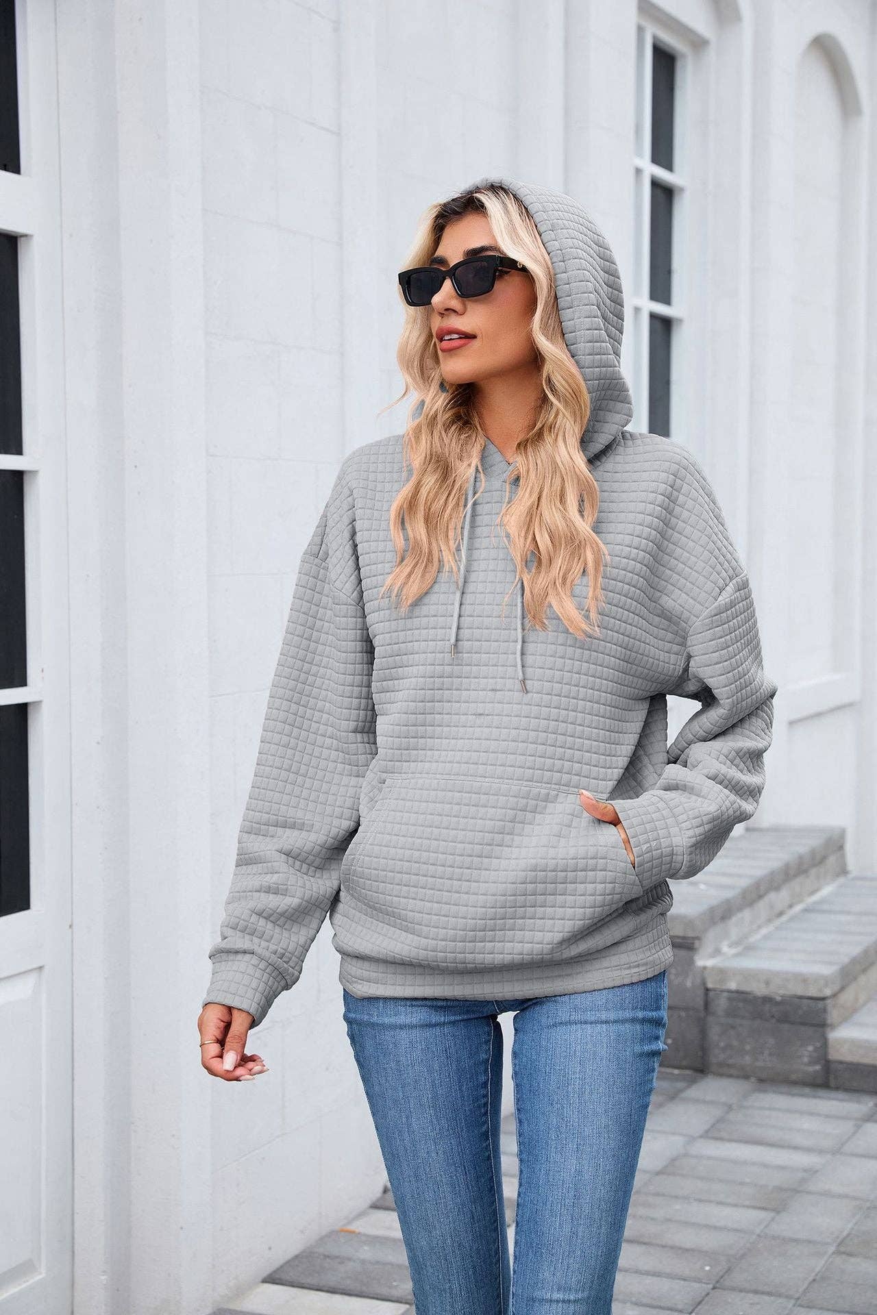 Waffle Knit Hoodie | Oversized Pullover with Kangaroo Pocket