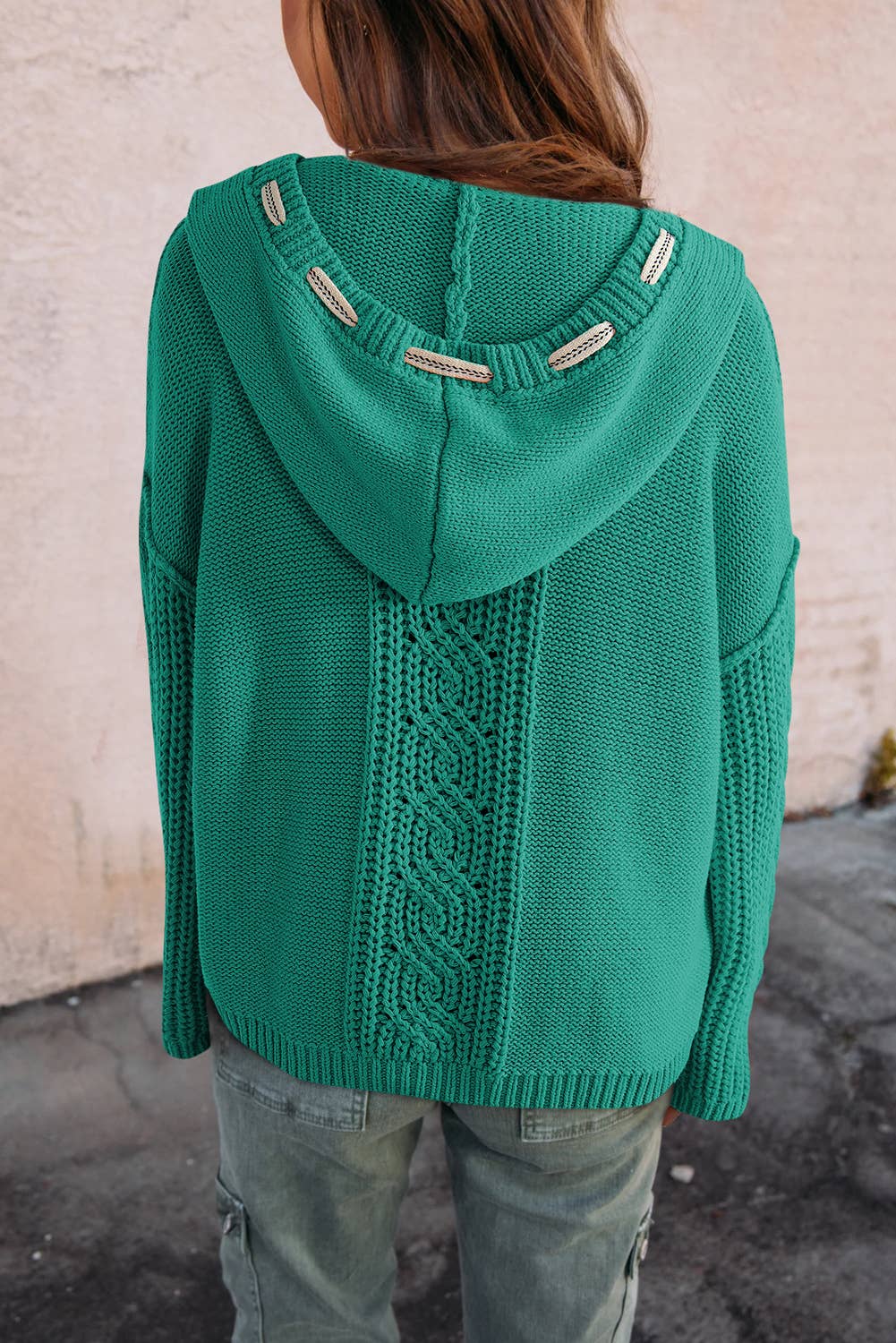 Cable Knit V Neck Hooded Pullover Sweater for Women