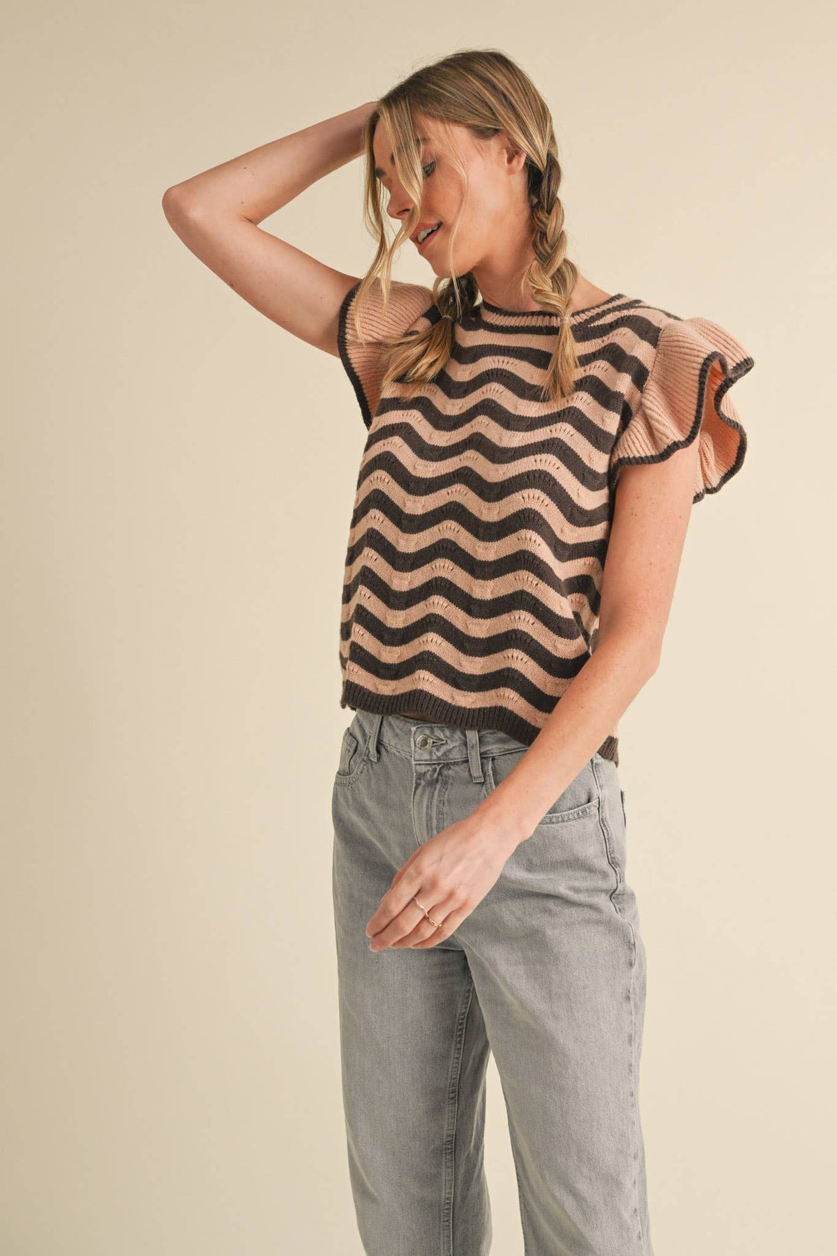 WAVY STRIPES FLUTTER SLEEVE SWEATER TOP MSW10509