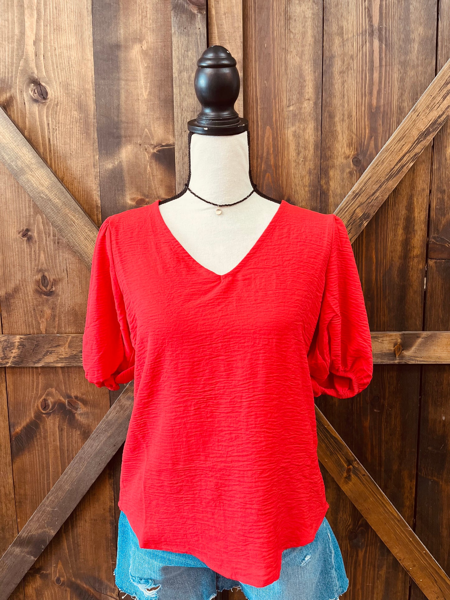 Woven V-Neck Puff Sleeve Top