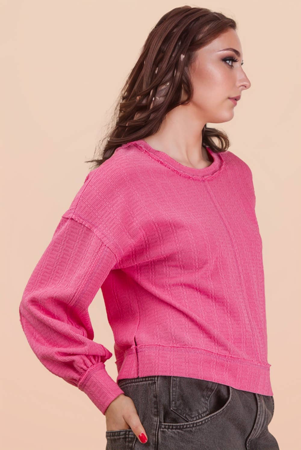 Raw Edge Detail Oversized Textured Knit Top