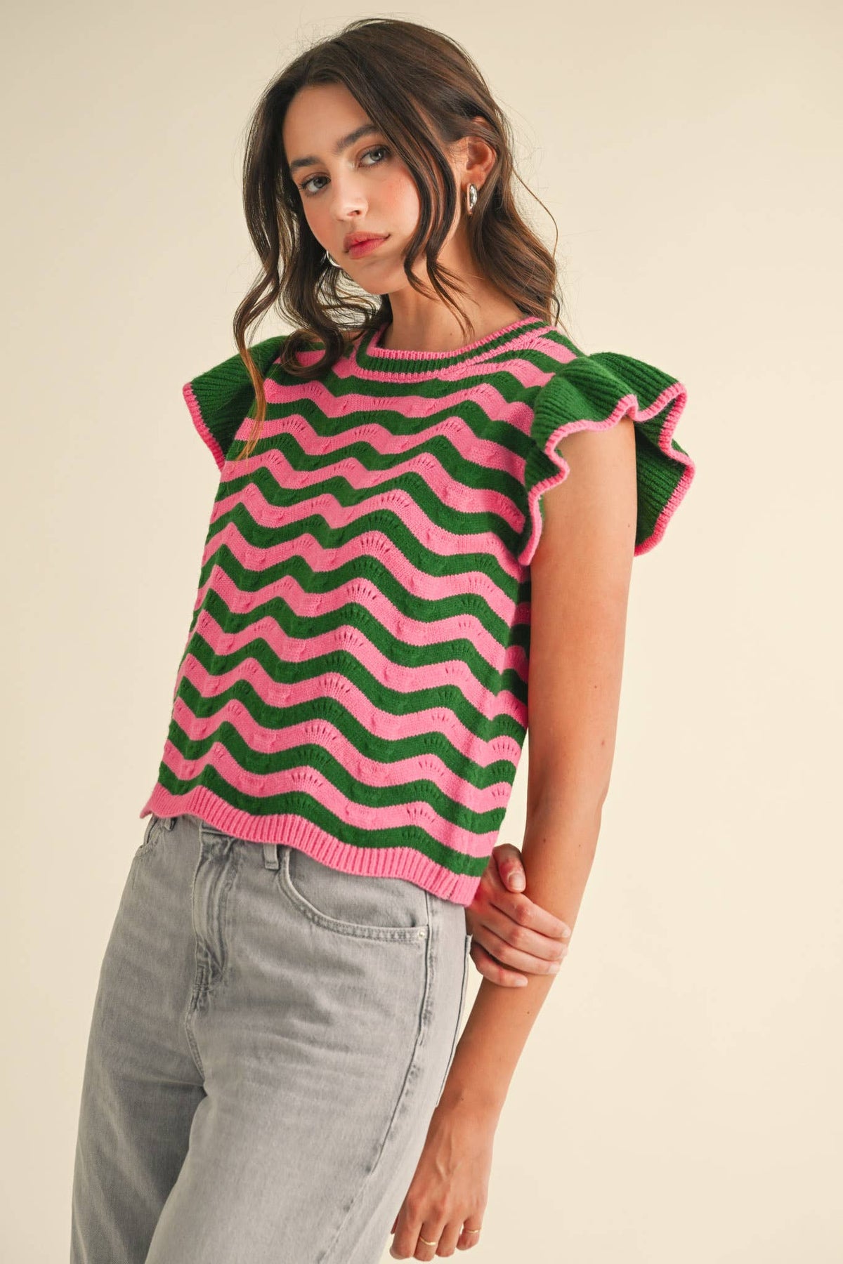 WAVY STRIPES FLUTTER SLEEVE SWEATER TOP MSW10509