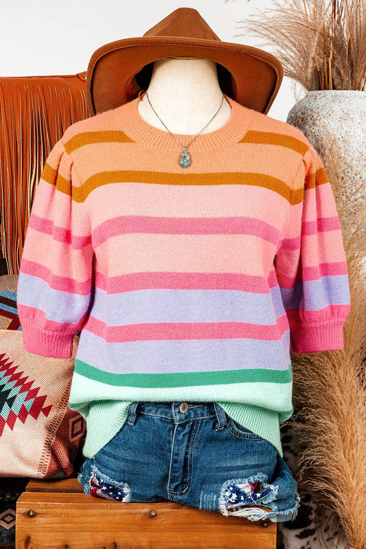 Fall Clothing Colorful Stripe Bubble Short Sleeve Sweater