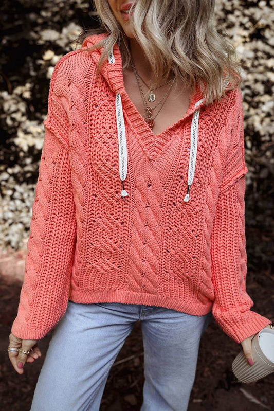 Cable Knit V Neck Hooded Pullover Sweater for Women