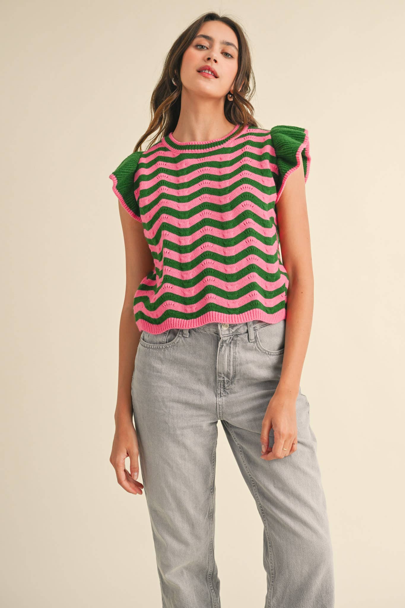 WAVY STRIPES FLUTTER SLEEVE SWEATER TOP MSW10509