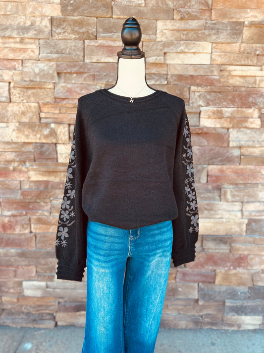 Black Kit Sweater With Floral Sleeves