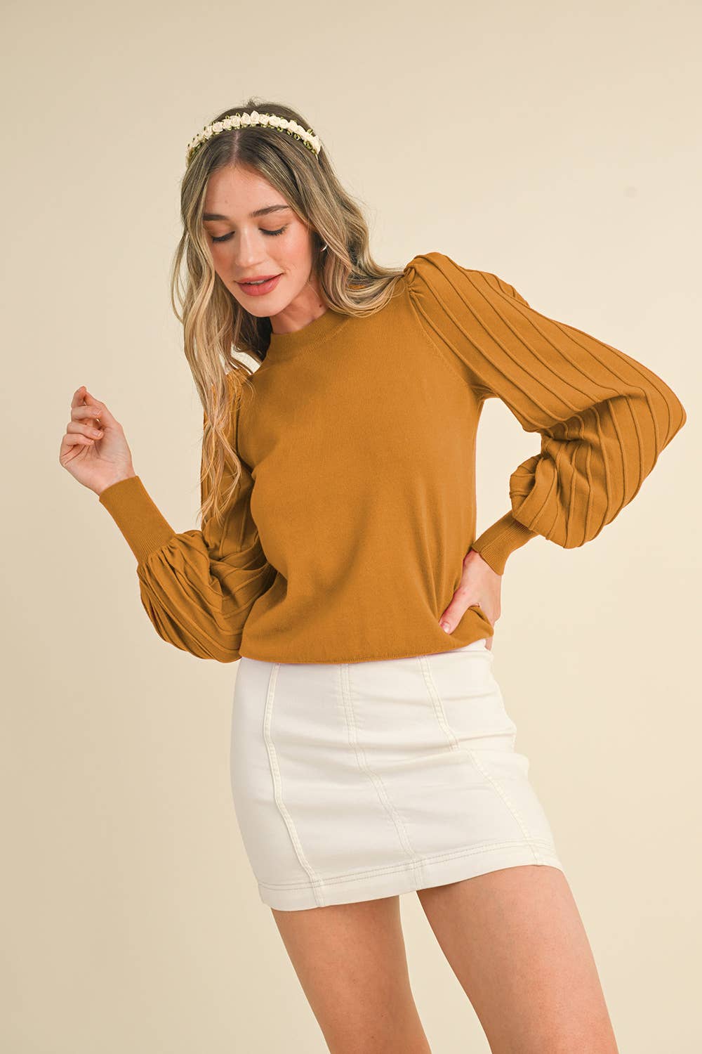STRIPE TEXTURE PUFF SLEEVE SWEATER MSW9485