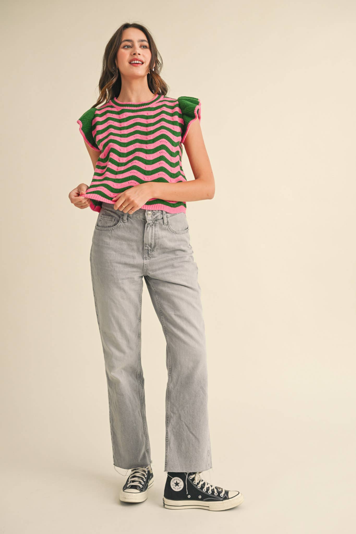 WAVY STRIPES FLUTTER SLEEVE SWEATER TOP MSW10509