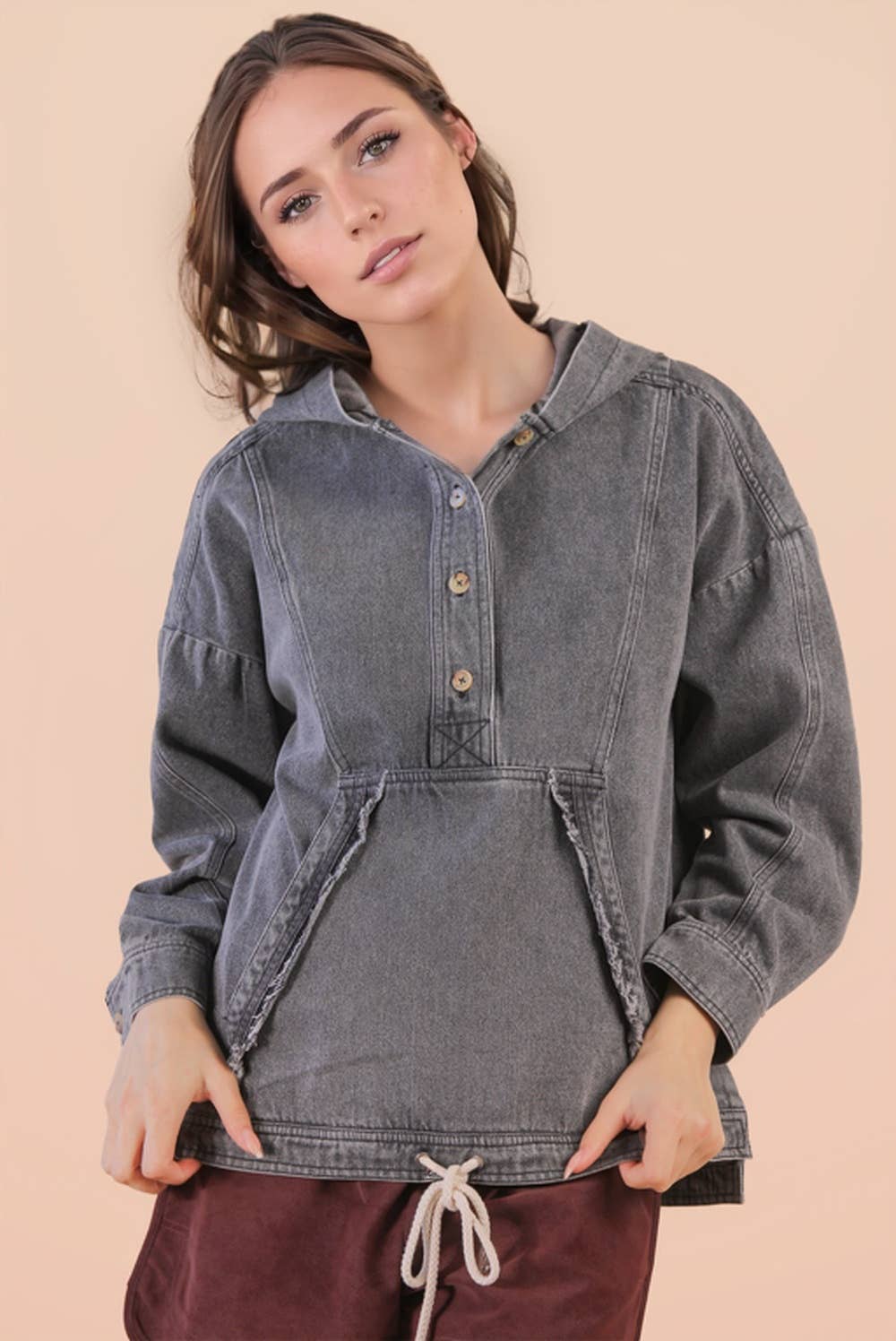 Washed Denim Casual Hood Pullover Top