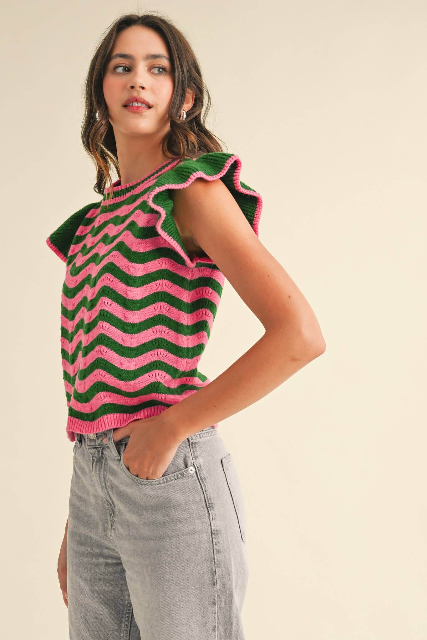 WAVY STRIPES FLUTTER SLEEVE SWEATER TOP MSW10509