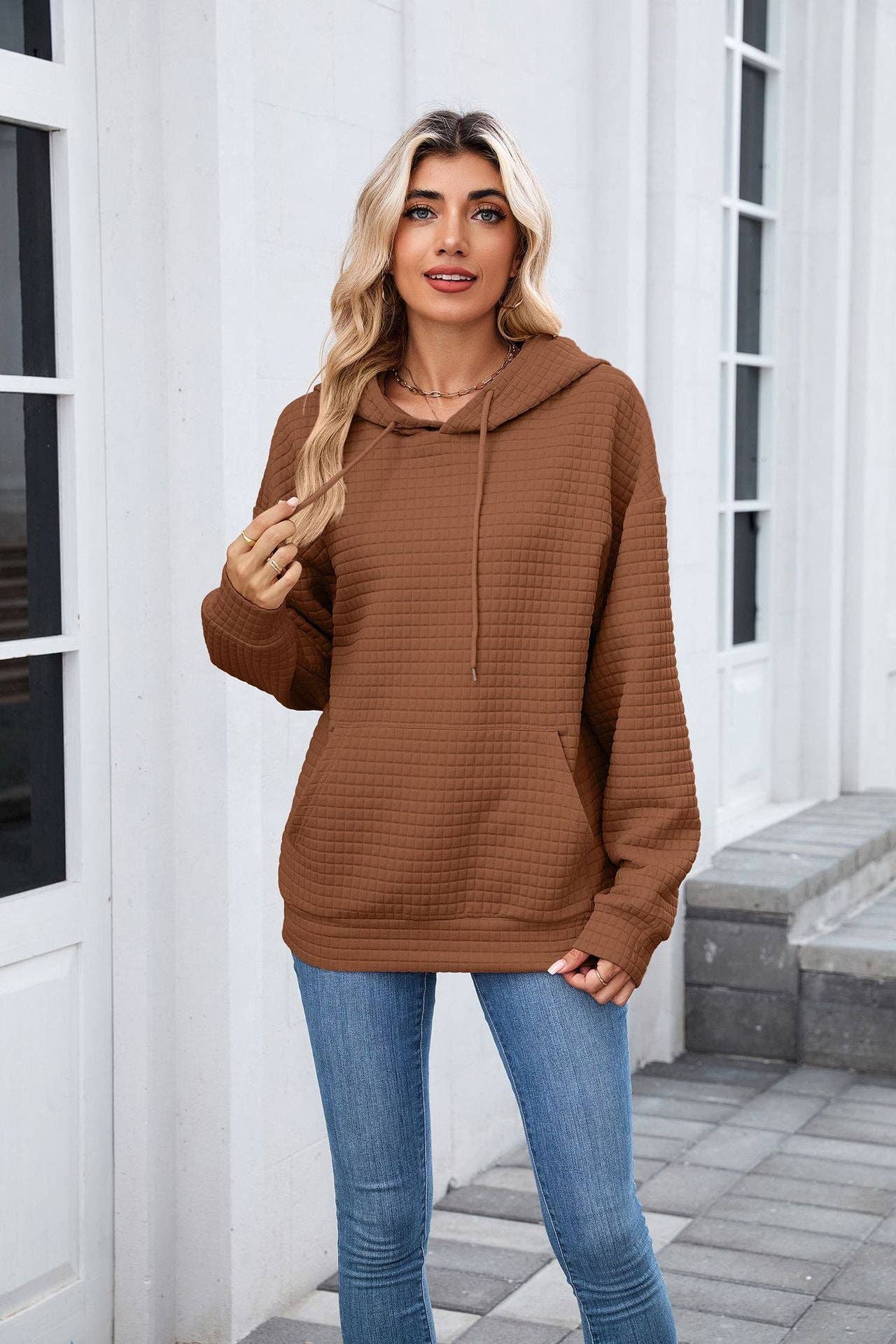 Waffle Knit Hoodie | Oversized Pullover with Kangaroo Pocket