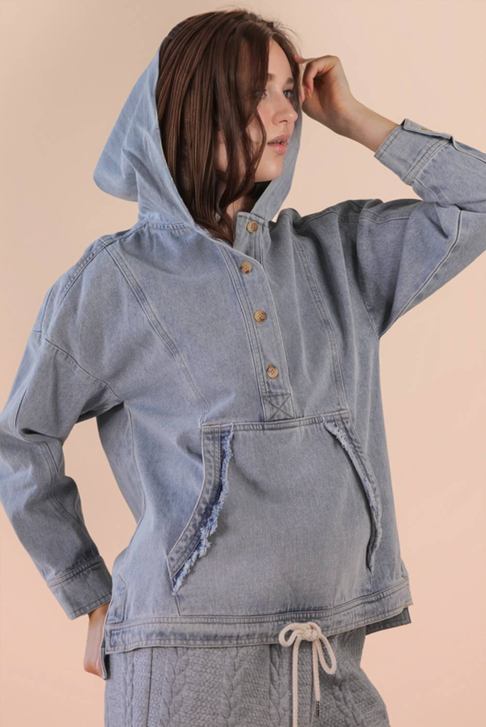 Washed Denim Casual Hood Pullover Top
