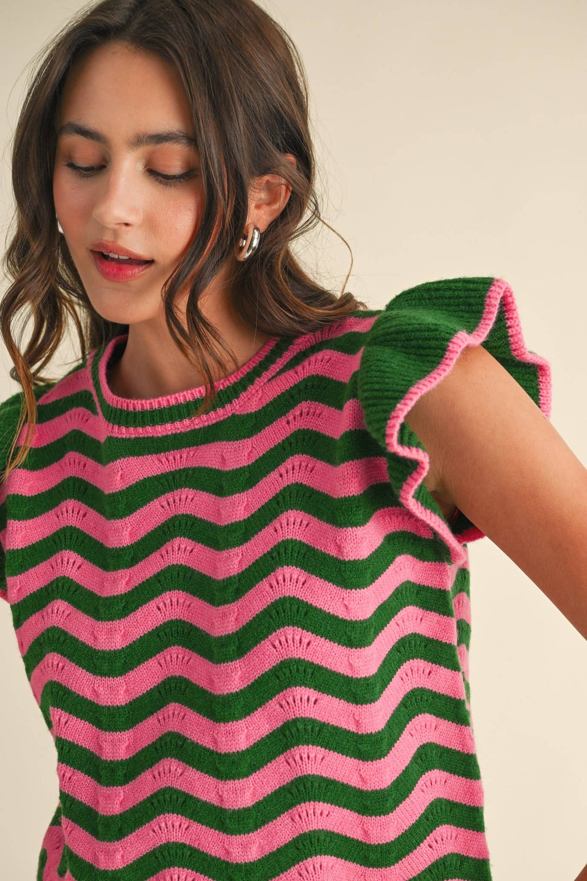 WAVY STRIPES FLUTTER SLEEVE SWEATER TOP MSW10509