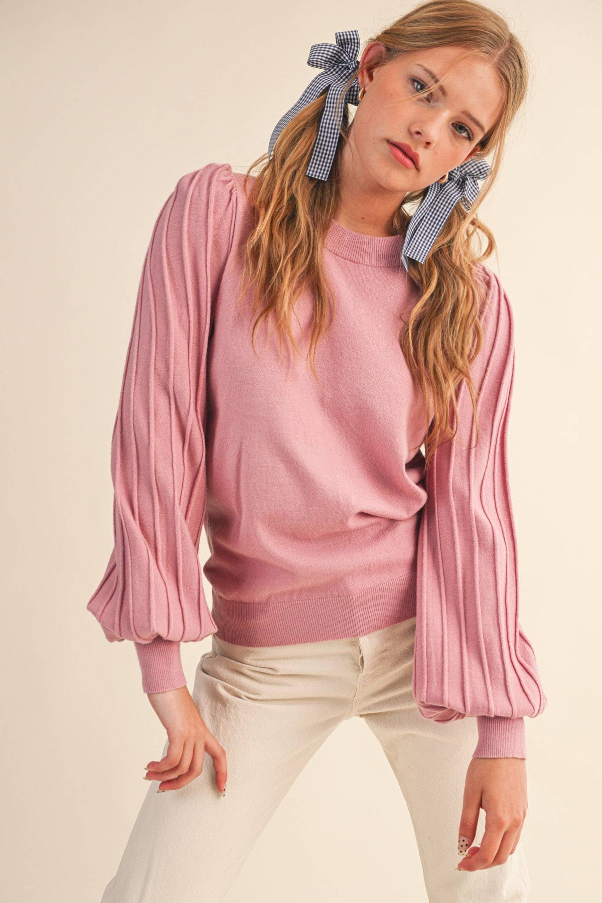 STRIPE TEXTURE PUFF SLEEVE SWEATER MSW9485
