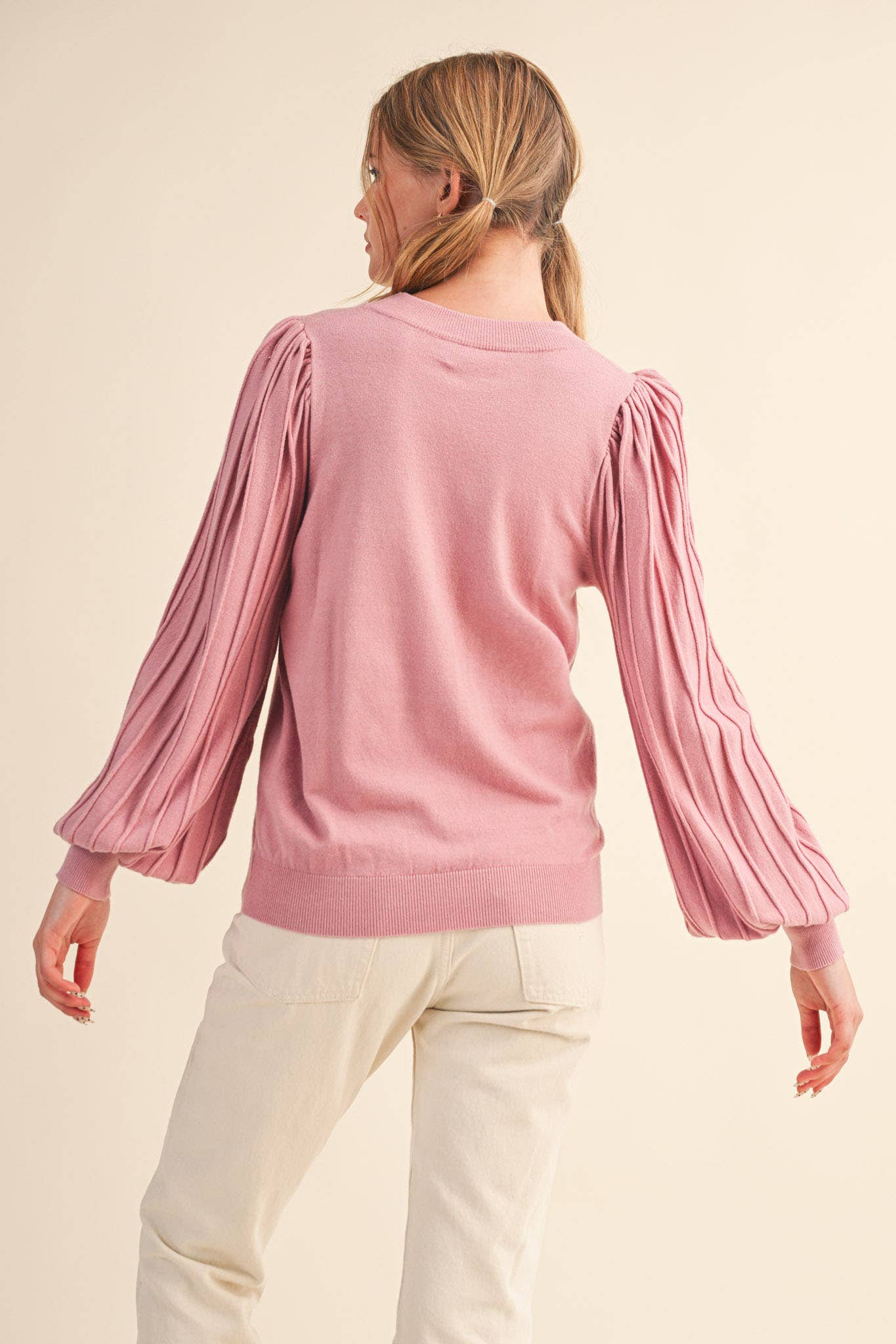 STRIPE TEXTURE PUFF SLEEVE SWEATER MSW9485