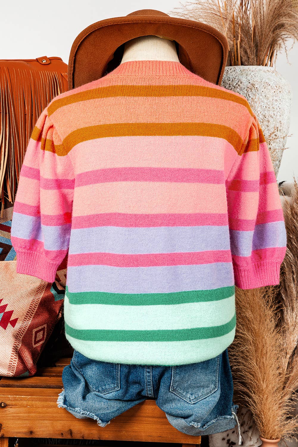 Fall Clothing Colorful Stripe Bubble Short Sleeve Sweater