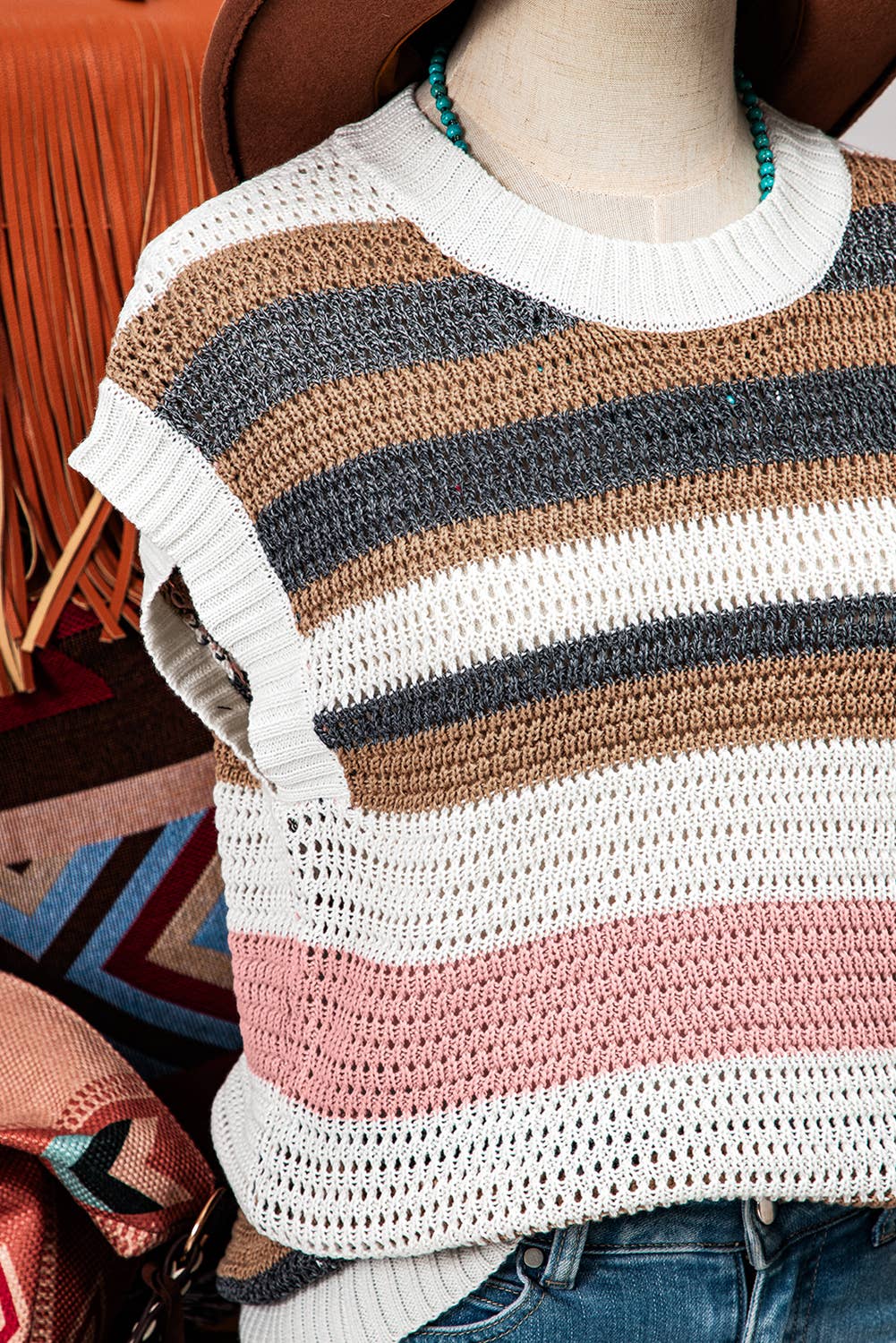 Fashion-W Stripe Eyelet Knit Short Sleeve Sweater Tee