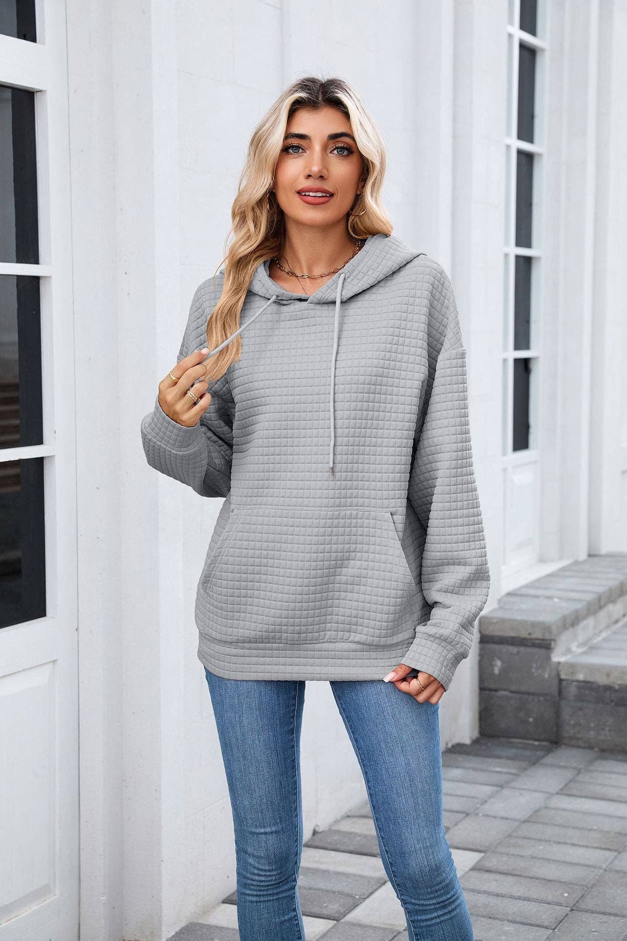 Waffle Knit Hoodie | Oversized Pullover with Kangaroo Pocket