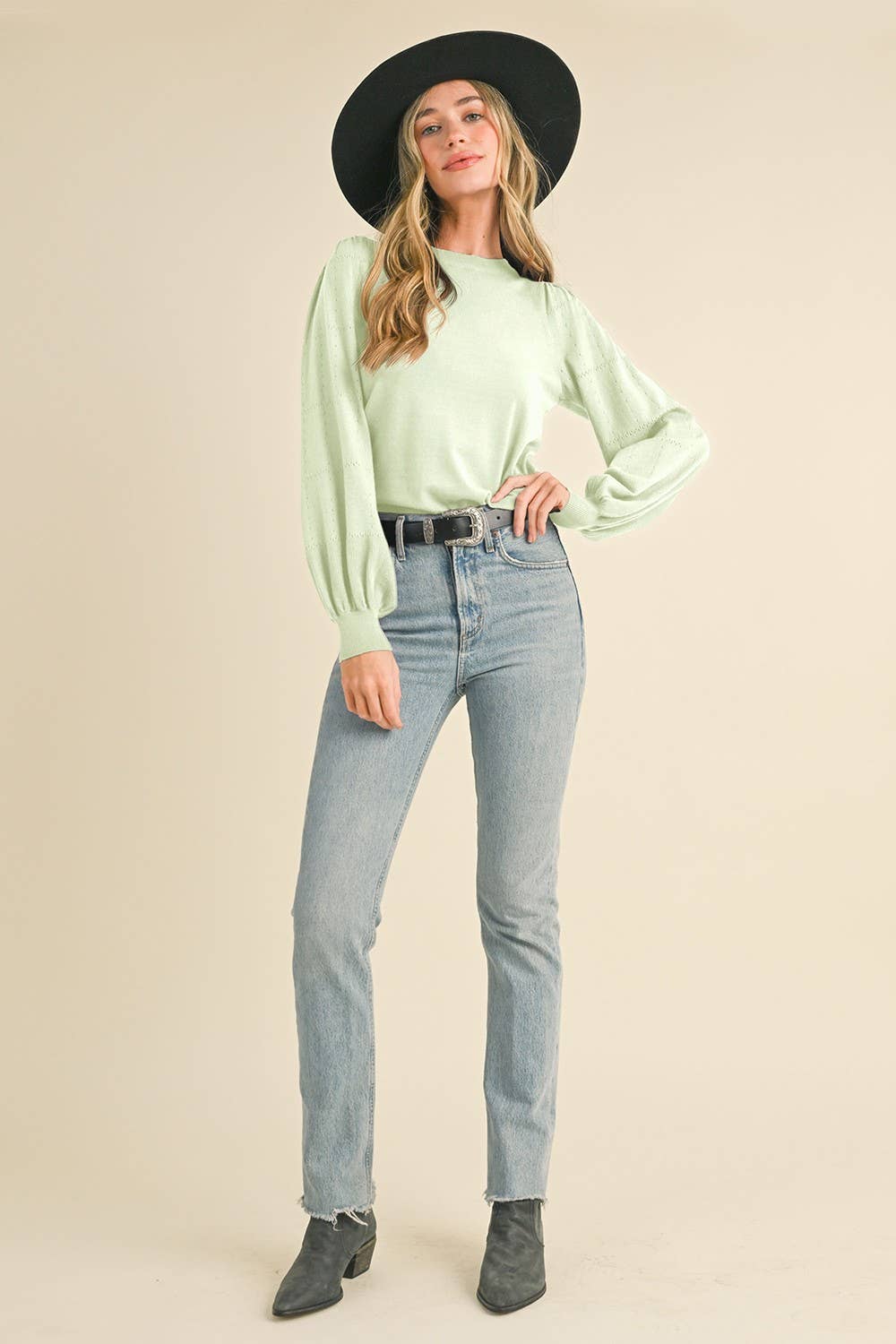 POINTELLE PUFF SLEEVE SWEATER MSW10115