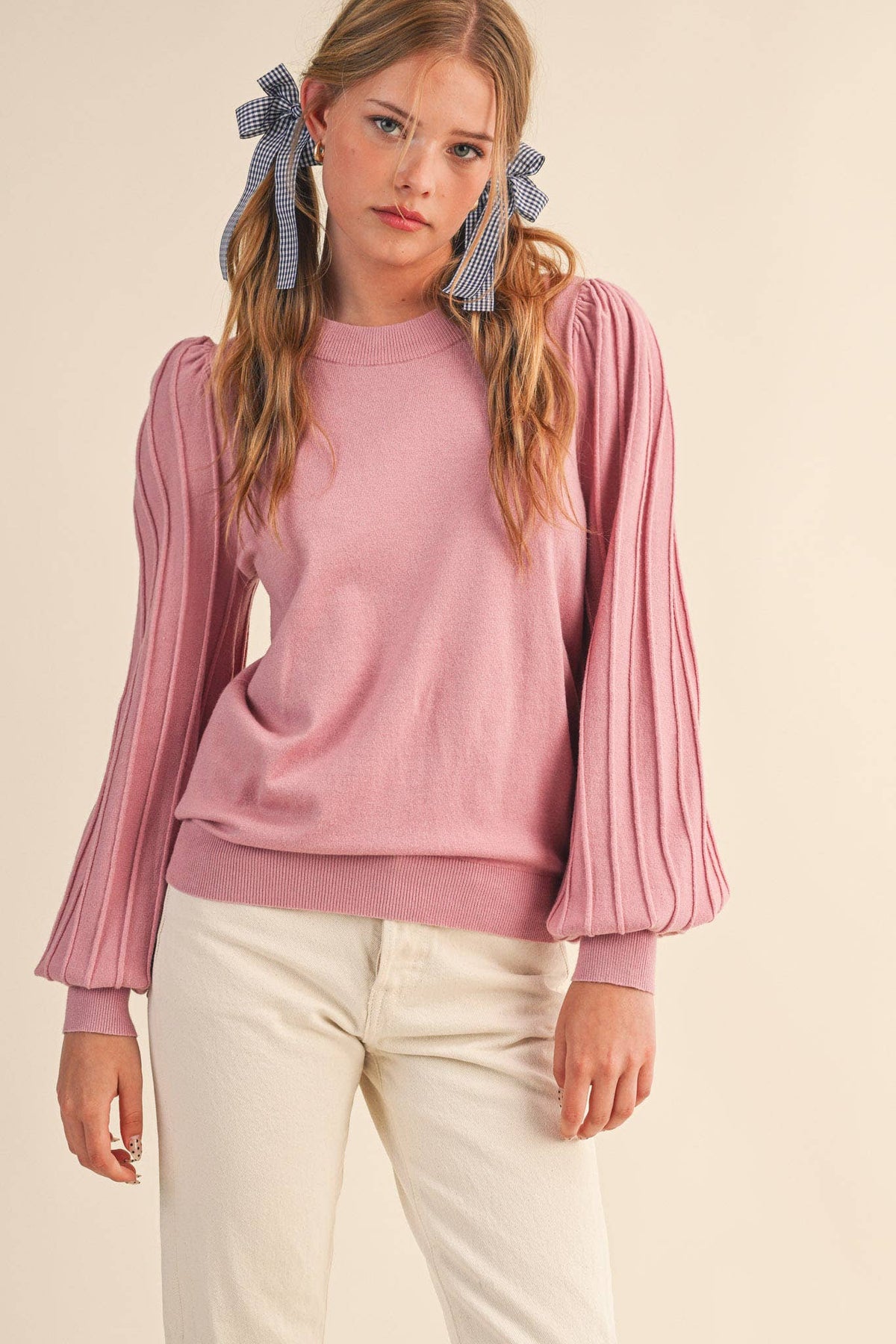 STRIPE TEXTURE PUFF SLEEVE SWEATER MSW9485