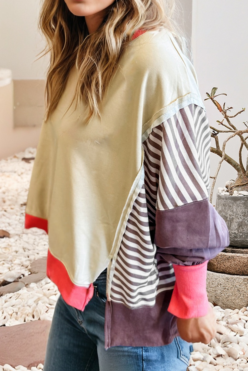 LDC Color Block Striped Patchwork Dolman Slit Sweatshirt