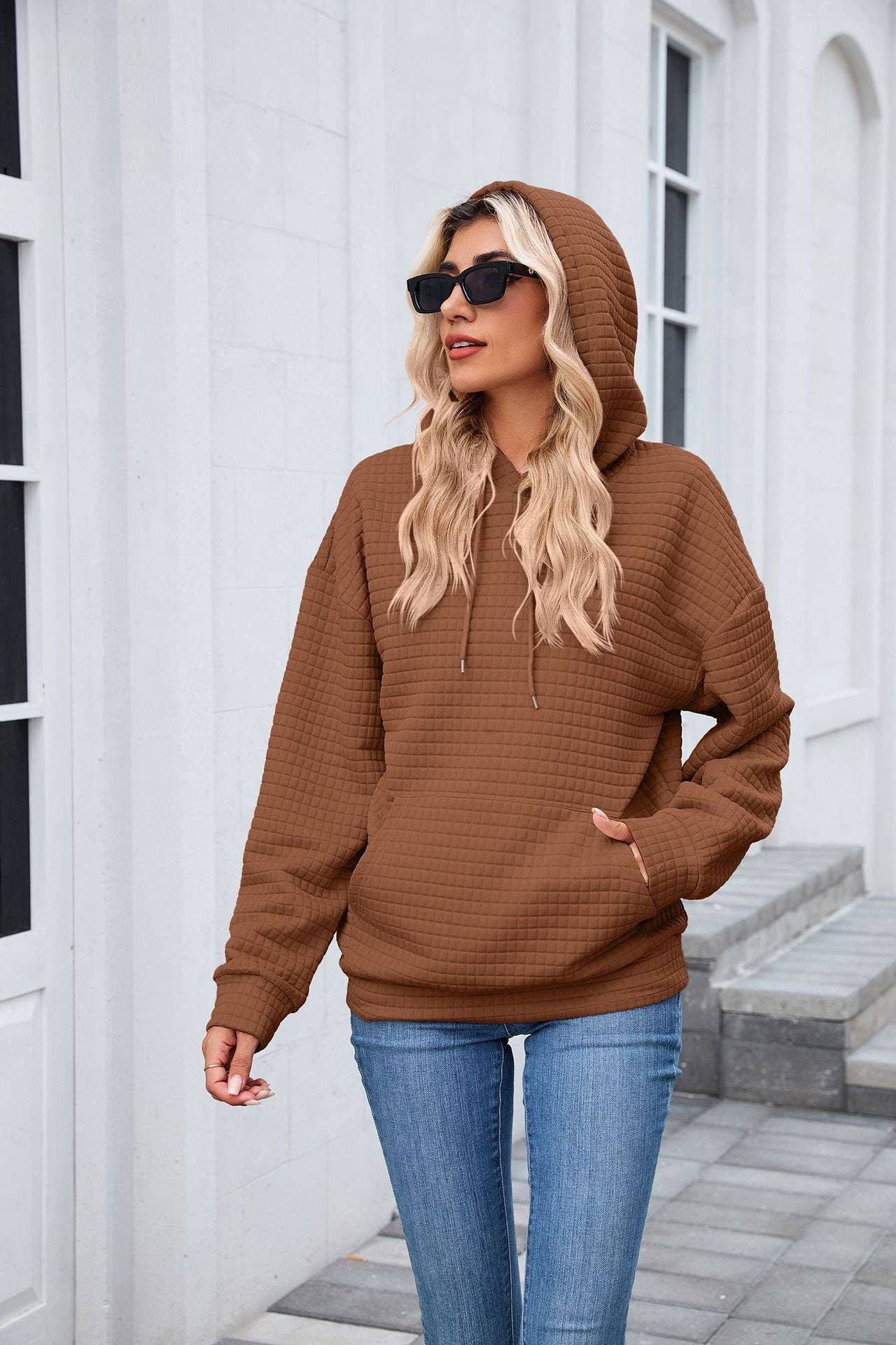 Waffle Knit Hoodie | Oversized Pullover with Kangaroo Pocket