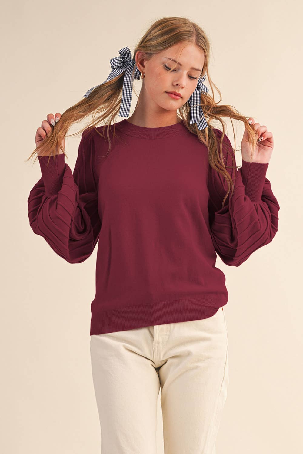 STRIPE TEXTURE PUFF SLEEVE SWEATER MSW9485