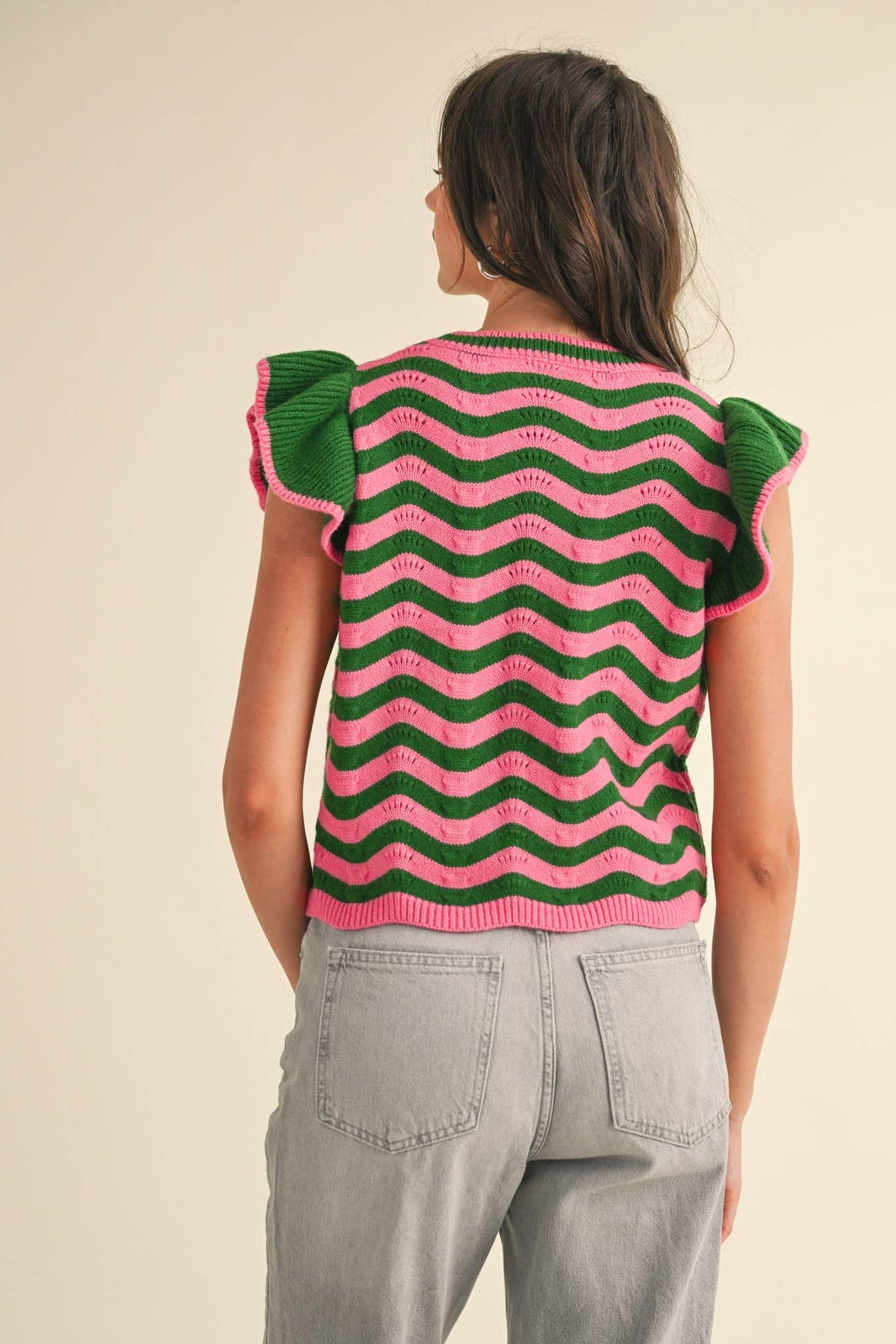 WAVY STRIPES FLUTTER SLEEVE SWEATER TOP MSW10509