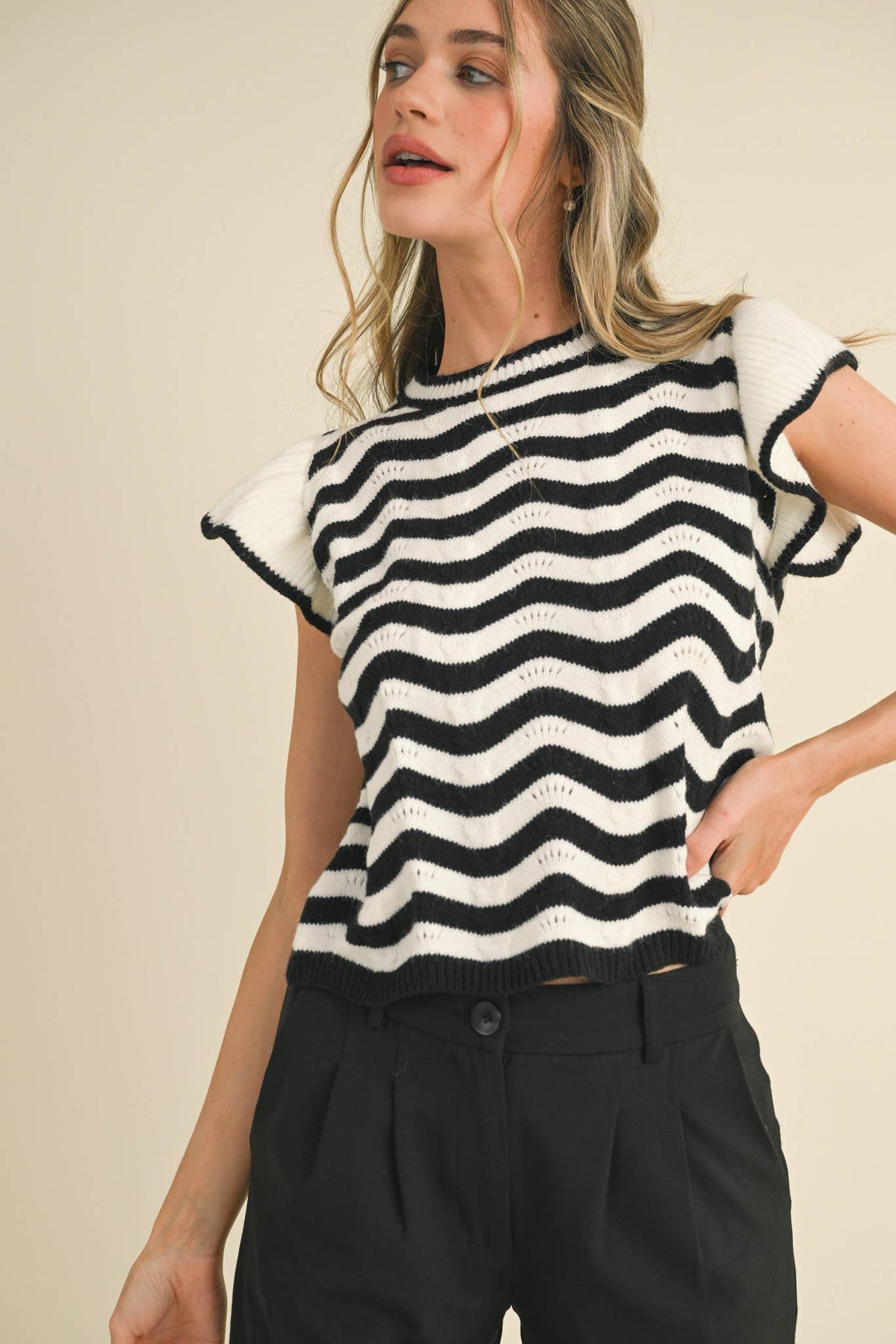 WAVY STRIPES FLUTTER SLEEVE SWEATER TOP MSW10509