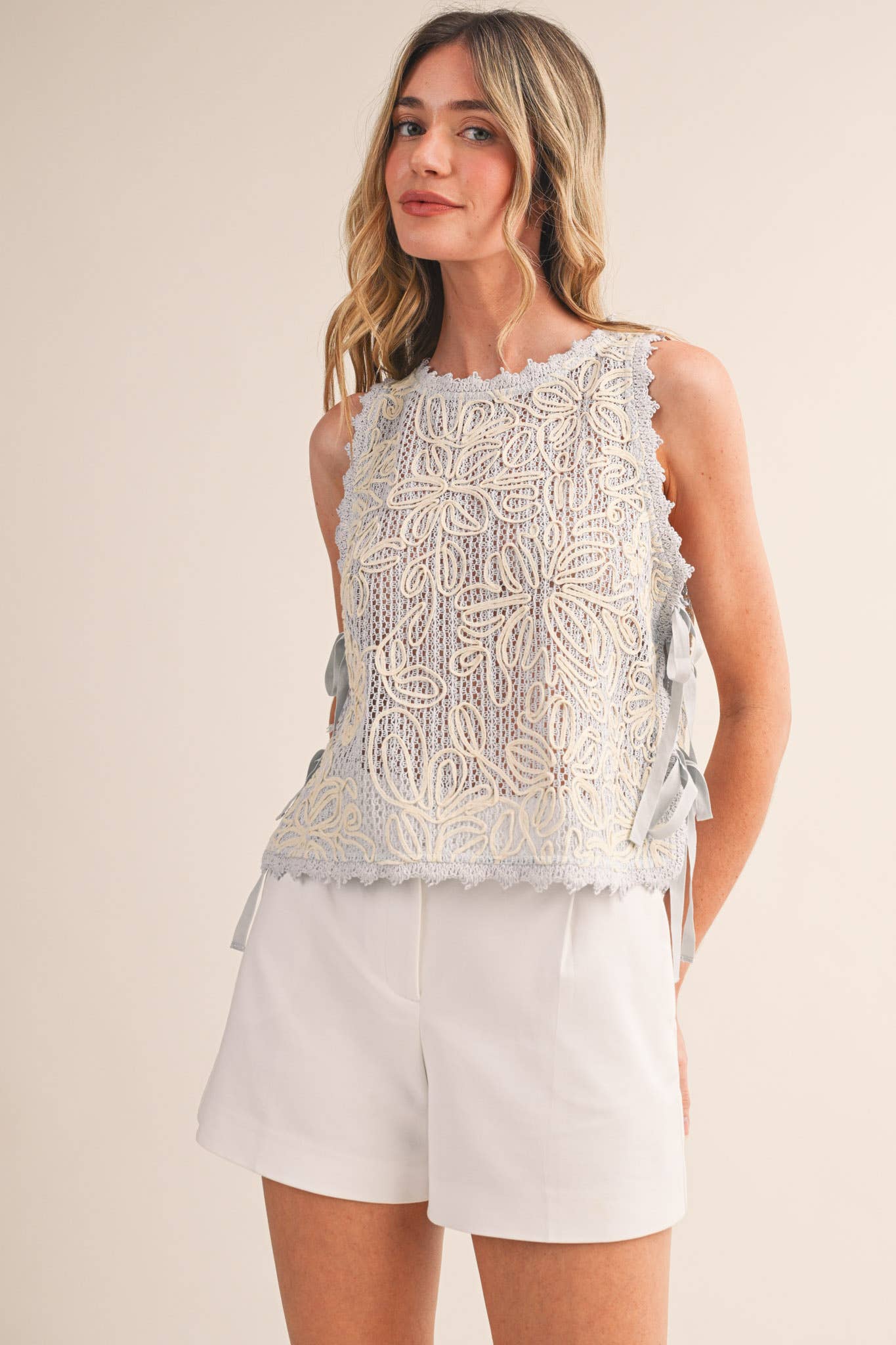 FLORAL CROCHET TANK WITH SIDE TYING DETAIL MTP4770