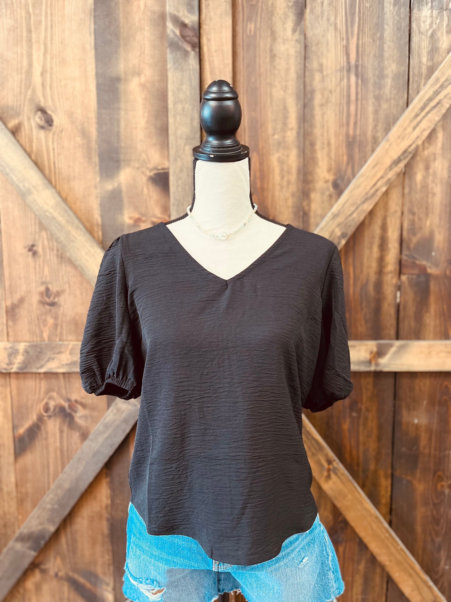 Woven V-Neck Puff Sleeve Top